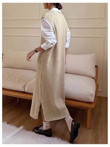 OYOANGLE Women's Split Hem Rib Knit Midi Sweater Dress V Neck Sleeveless Loose Fit Sweater Vest2