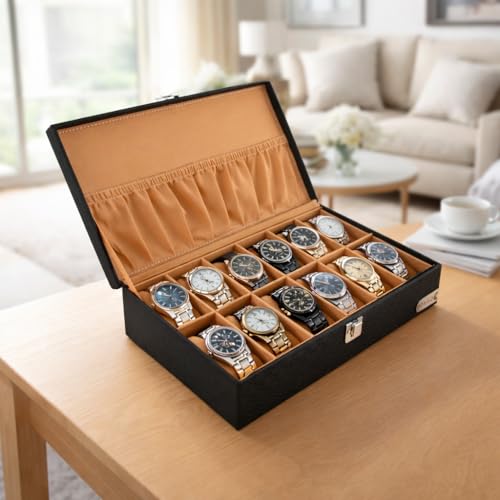 Image of BOXXO 12 Slot Watch Organizer Box for Men & Women - Premium PU Leather Watch Case, Soft Velvet Cushions & Glass Lid Display, Elegant Storage Box - 34x20x8 cm (Black /Cream, 12 Slots)