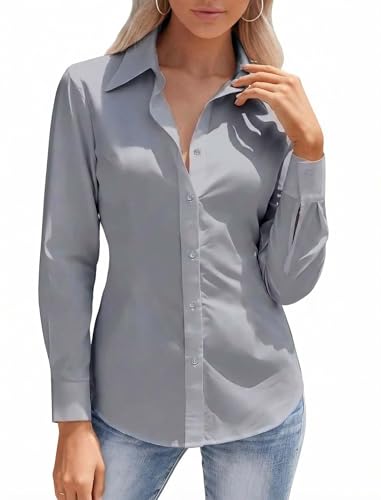 HOTOUCH Work Button Up Shirts for Women Long Sleeve Blouse Slim Fit Collared Office Suit Tops Gray XL