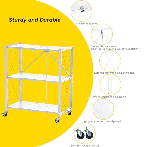 Image of BRIAN & DANY 3-Tier Foldable Storage Shelves with Wheels, No Assembly Folding Shelf Metal Rack, Shelving Unit for Kitchen, Garage, White