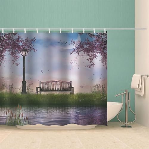 Rideau de douche polyester lavable et imperméable motif vert fleurs avec anneaux