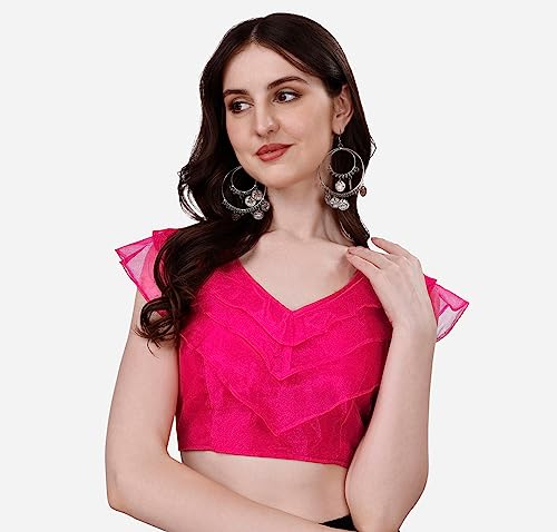 Image of Pujia Mills Women's V Neck Orgenza Three Layer Ruffle Sleeve Frill Readymade Saree Blouse