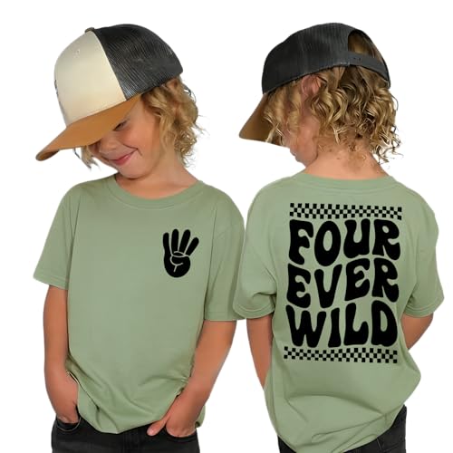 4. Geburtstag Junge T-Shirt Four Ever WILD Drucken Tshirt Vierter Geburtstags Shirt für Jungen Kinder Geburtstagsshirt Sommer Kurzarm Tops Vier Jahre Ankündigung Outfits(4 Jahre Grün)