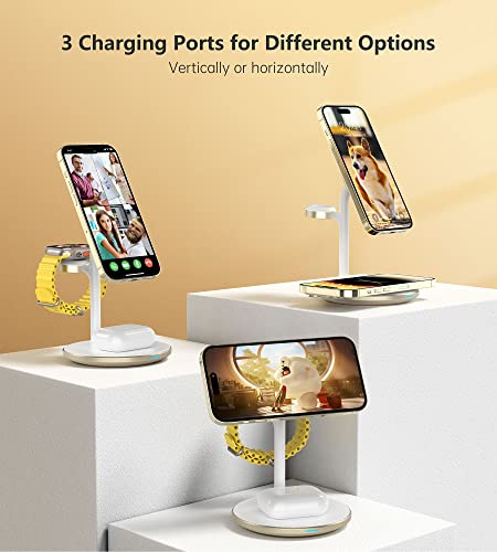 Image of XooFly 3 in 1 Magnetic Wireless Charging Station for Apple Devices,15W | Fast Charging Phone Charger Stand for Magsafe-enabled iPhone 17 16 15 14 13 12 Series, Apple Watch Ultra Airpod Pro, Gold