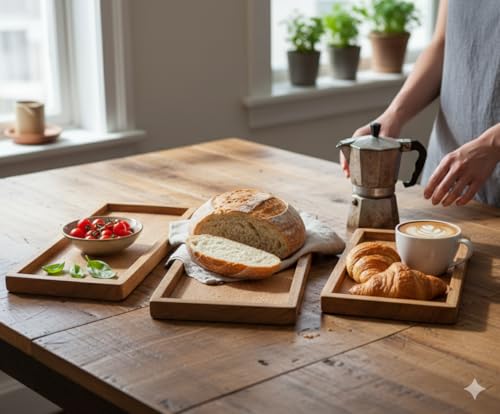 Image of Wooden Tray Set of 3 for Serving | Natural Wood Rectangular Trays for Kitchen, Dining, Coffee Table & Home Decor | Handcrafted Trays for Tea, Coffee