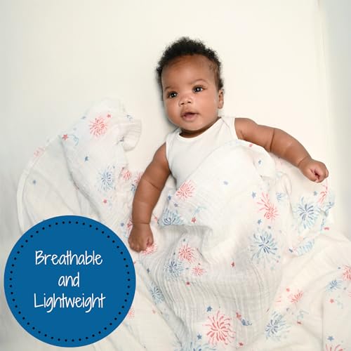 Image of LollyBanks Swaddle Blanket 100% Cotton, 4th of July Muslin Swaddle Blankets Lightweight, Soft Baby Swaddle Blanket 47 x 47 inches, Baby Essentials, Registry and Gift (Fireworks Print)