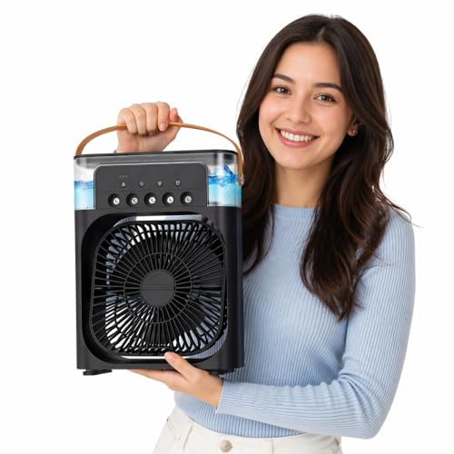 Image of Drumstone 𝟏𝟓-𝐘𝐞𝐚𝐫 𝐋𝐨𝐧𝐠-𝐋𝐢𝐟𝐞 𝐖𝐚𝐫𝐫𝐚𝐧𝐭𝐲 Portable Personal Mist Fan with 600ml Water Tank, USB Type-C Powered Desk Fan, LED Light and Timer for Office, Bedroom and Study Use