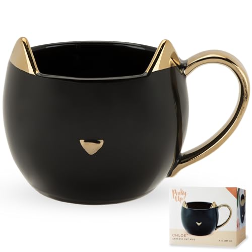 Pinky Up Chloe Ceramic Cat Tea Mug or Cat Coffee Mug - Cat Shaped Mug - Gifts for Cat Lovers - 12oz Black with Gold Details Set of 1