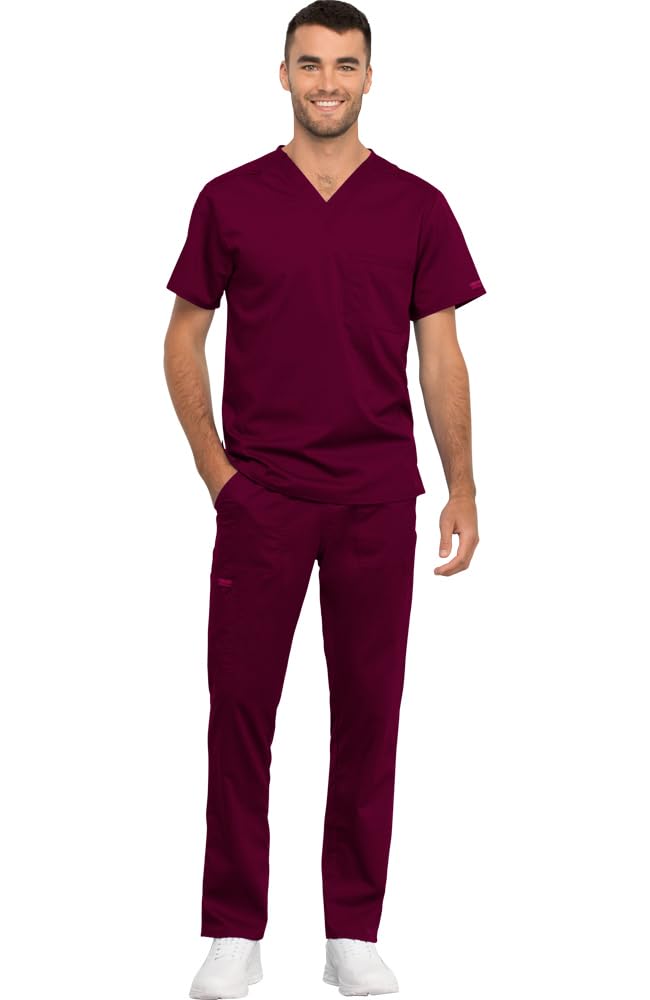 Cherokee Conjunto de ropa quirúrgica para hombre y mujer, cuello en V, WW625 con pantalón de pierna cónica con cordón, WW020, color vino, talla S, pantalón