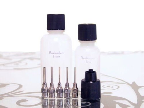 Beachcombers! 1oz & 1/2oz Soft Squeeze Fine Metal Tip Applicator Bottles for Glues, Paint, Gels, Henna Paste, 5 Tips 2 Bottles