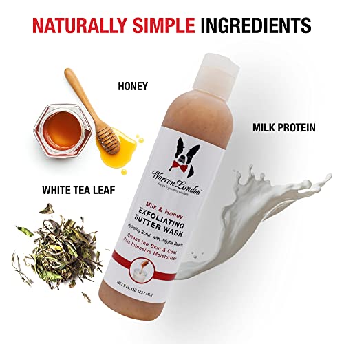 Warren London Exfoliating Butter Wash – Milk & Honey Dog Shampoo, 8 oz | Cleans, Exfoliates & Deep-Conditions in One | Jojoba Beads Remove Dandruff & Itch | Non-Oily Shine | Made in USA