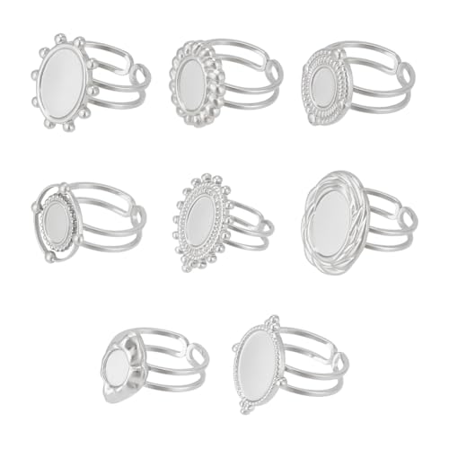 UNICRAFTALE - UNICRAFTALE 8 Pcs 8 Styles Oval Cabochon Bezel Blank Tray Ring Bases 304 Stainless Steel Finger Ring Components Open Adjustable Cuff Ring Blanks Pad Ring Settings for Women DIY Ring Jewelry Making