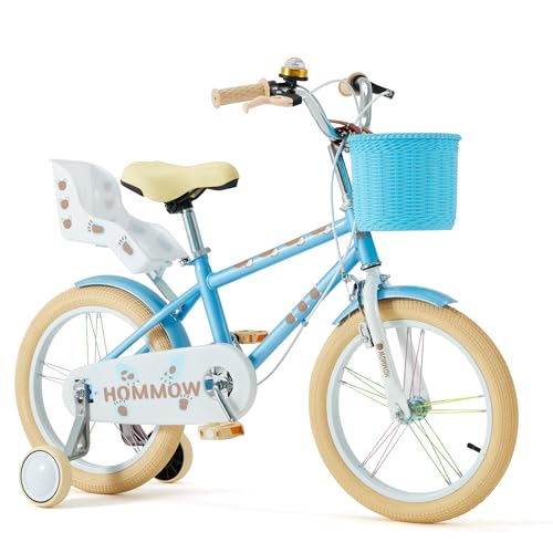 HOMMOW Kids Bike for Girls Boys Ages 3-12 Years, 12 14 16 Inch Kids Bike with Training Wheels, Streamers, Basket and Doll Seat, Children Bicycles with Dual Brake System, Multiple Colors