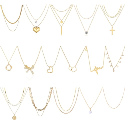 Myofeng 16Pcs Gold Necklaces Set for Women 14k Gold Plated Dainty Trendy Pendant Chain Choker Pack Multilayer Necklace Set for Women Adjustable Jewelry Gift