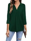 Lalala Damen Business Casual Tops V Ausschnitt 3/4 Ärmel Hemden Weiche Bequeme Arbeitsblusen Plus Size Tunika Tops (A-Dunkelgrün,XL)