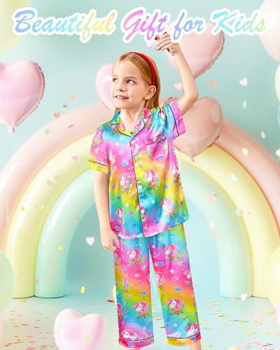 Sylfairy Girls Pajamas Silk PJS Set Rainbow Unicorn Sleepwear Short Sleeve Long Pants Jammies for Toddler Kids3