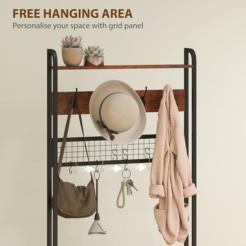 HOMCOM Coat Rack with Shoe Storage Bench and Grid Panel, Hall Tree, 5-In-1 Industrial Coat Rack Stand with Shoe Cabinet and 10 Hooks for Hallway, Entryway, Living Room, Rustic Brown - Image 3
