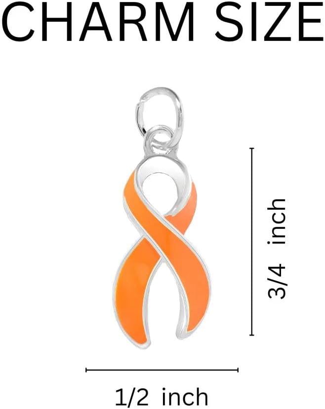 Orange Ribbon Hanging Charms in Heart and Ribbon-Shaped for Kidney Cancer, Leukemia and Multiple Sclerosis - Perfect for Bracelets, Purses, Zipper Pull, Dog & Cat’s Collar, Support Groups, Fundraisers and More!