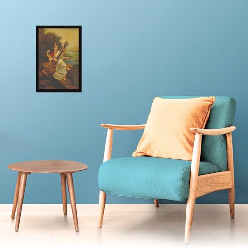 Image of Mad Masters Mata Saraswati Devi Goddess of Knowledge Painting Photo Frame for Living Room, Bedroom, Home Decor and Wall Decoration (MM 1630, 45.7L x 30.5W cm, Canvas, With Plexi Glass)