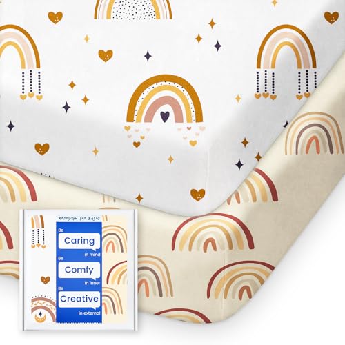 Image of Pack N Play Sheets Fitted, TotBasic Ultra Soft Boho Rainbow Mini Crib Sheets, Premium Jersey Knit Pack and Play Sheets, Stretchy Neutral Play Yard Sheets for Pack and Play Mattress, 2 Pack