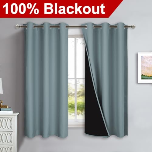 Image of NICETOWN 100% Blackout Short Curtains with Black Liners, 2 Panels, 37 inch W by 50 inch L, Greyish Blue, Solid Thermal Insulated Full Blackout 2-Layer Lined Drapes, Energy Efficiency Window Drapes for Bedroom