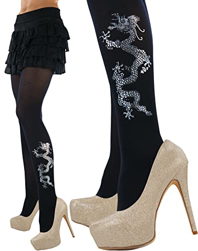 Image of ToBeInStyle Women's Opaque Pantyhose Tights w /Silver Metallic Dragon Print