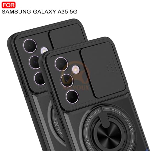 Image of Samsung A35 5G Back Cover | Armor Camera Slider 360 Degree Rotating Finger Ring Holder Case with Bracket Stand Back Case Cover (Compatible with MagSafe Accessories) (Black)