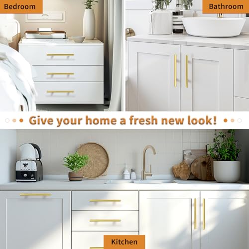 Image of Probrico 5 Pack 6-3 /10 Inch Center-to-Center Kitchen Cabinet Pulls T Bar Gold Cabinet Handles Modern Drawer Hardware Dresser Pulls, 8-4 /5 inch Total Length