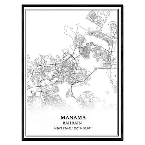 TANOKCRS Manama Bahreïn Carte Art mural Toile Imprimer Affiche Sans cadre Moderne Noir et blanc Souvenir Cadeau Décoration de maison