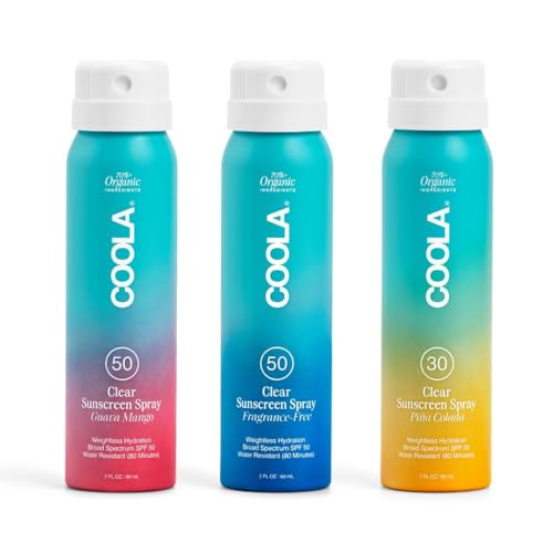 COOLA Organic Sunscreen SPF 50 & 30 Sunblock Spray Kit Dermatologist Tested Skin Care for Daily Protection Vegan and Gluten Free Travel Size 2 Fl Oz 3 Pack