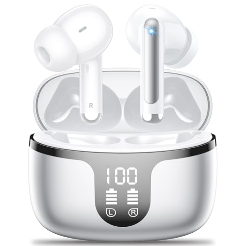 Auriculares Inalámbricos Bluetooth, 2024 Cascos Inalámbricos Bluetooth 5.3 HiFi Estéreo con 4 HD Mics, 50H Auriculares Bluetooth con Función de Reducción de Ruido, IPX7 Sport Earbuds Pantalla LED