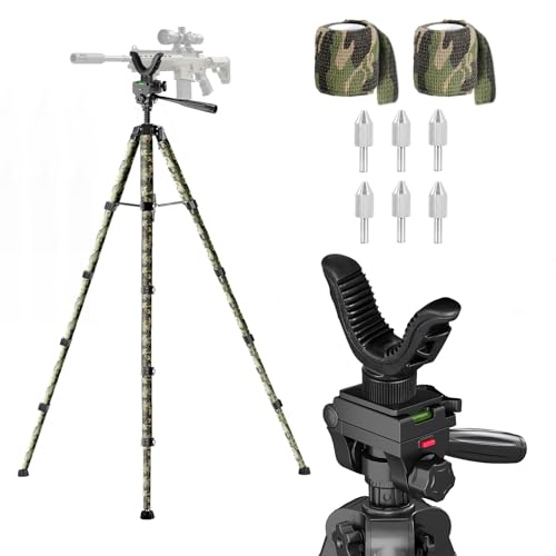 74” Rifle Shooting Tripod, Hunting Rest V Yoke Rifle Rest with 6 Ground Spikes, 2 Camo Strap, Aluminum Crossbow Shooting Stand with Durable Frame for Hunting, Shooting, and Outdoors