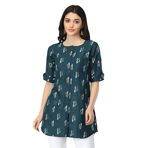 Image of OM SAI LATEST CREATION Slub Rayon Fully Stitched Anarkali Foil Print Kurti for Women & Girls on Jeans Palazzo or Skirt (Plus Size Upto 2XL) (Black)