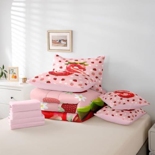 Image of Feelyou Girls Strawberry Comforter Set with Sheets 7 Piece King Size Pink Strawberry Bed in a Bag Kids Boys Girls Initial Letter S Bedding Set Bedroom Decor Breathable Soft Lightweight Microfiber