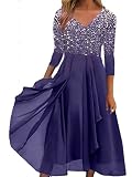 Minetom Robe Longue pour Femmes Col V Midi Robe Taille Haute À Imprimé Floral Cocktail Party Manches Longues Robe De Soirée pour Mariage A3 Violet XXL