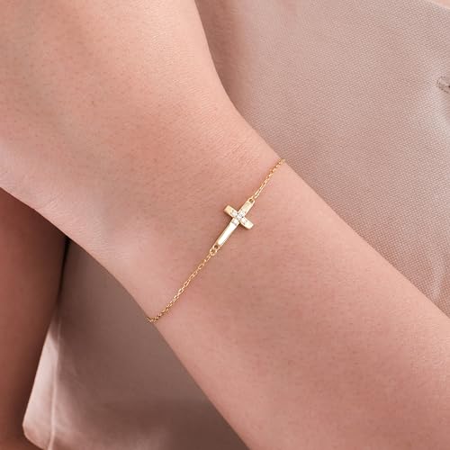 14K Gold Plated Sideways Cross Bracelet for Women – Dainty Adjustable Christian Jewelry with CZ – Religious Gift for Her, Baptism, Gift for Her3