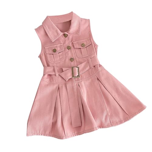 BILIKEYU Girls Denim Dress Sleeveless Buttons up Belted Waist A-line Flowy Swing Dresses with Pockets for Kids
