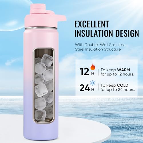 Image of Fijinhom Insulated Water Bottle with Handle, 304 Stainless Steel Water Bottles with Wide Mouth, Double Wall Vacuum Sports Water Bottle, BPA Free, Keep Cold and Hot, 24 Ounces, Pink /Purple