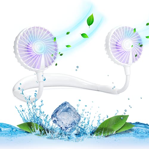Image of VAGAU Portable Cooling Neck Fan, Rechargeable USB Personal Neck Fan with Colorful LED lights, 360° Rotation, Wearable Neck Fan Air Conditioner for Office Travel Sport, 3 Adjustable Speeds(White)