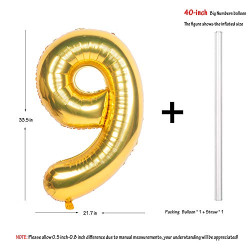 Image of 40In Large Gold Number Balloon 9 Aluminum Foil Mylar Big Number Balloon 0-9 | Suitable for Gold Birthday Parties, Weddings and Anniversary Photography