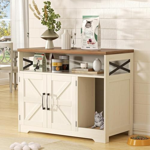 Halitaa Cat Litter Box Enclosure, Hidden Litter Box Furniture with Scratch Pad, Farmhouse Indoor Cat...