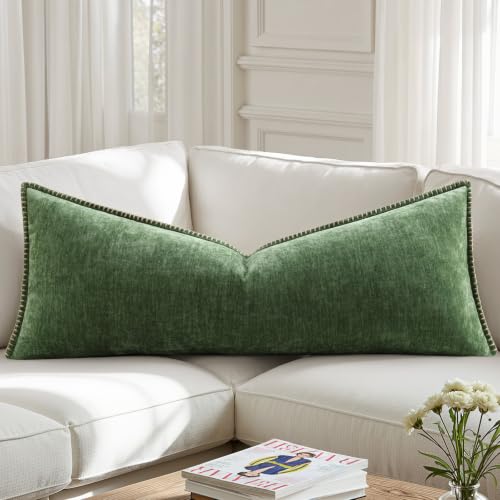 Image of decorUhome Fall Chenille Soft Cozy Throw Pillow Covers 14x36 Set of 1, Modern Farmhouse Boho Velvet Decorative Pillow Cases with Stitched Edge for Couch Sofa Bed Home Decor, Forest Green