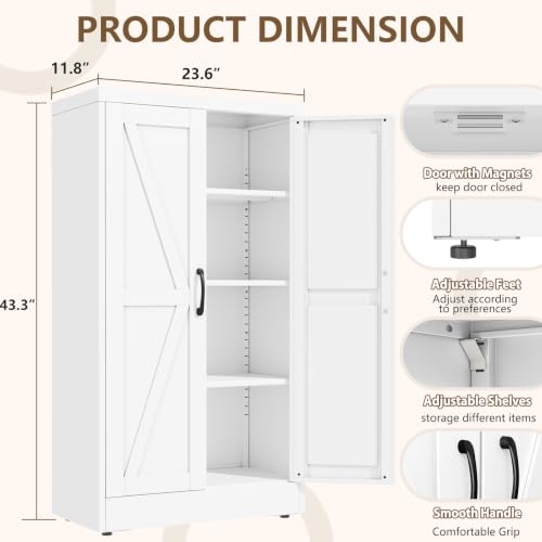 Image of White Metal Storage Cabinet, 43 inch Kitchen Pantry Cabinets for Office | Steel Kitchen Pantry Storage with Doors and 3 Adjustable Shelves, Metal Tool Cabinet, for Office, Home, Garage, School