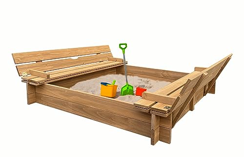 BTExpert Kids Large Wooden Sandbox 47x47 Outdoor Play Sandpit for Backyard Foldable Bench Seats Sand Protection Liner
