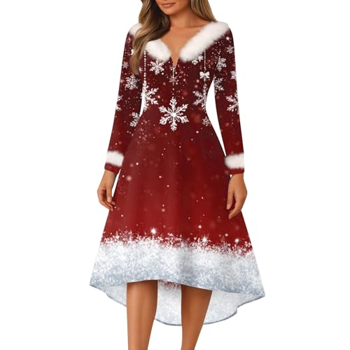 Generisch Weihnachtskleid Baumwolle Damen Kleider Formal Knielang Outfit Glitzer Elegantes Silvester Outfit Weihnachts Sexy Strick Rentier...