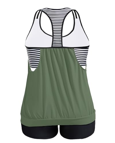 Image of Womens Plus Size Tankini Swimsuit Two Piece Tummy Control Bathing Suit | Blouson Racerback Tankini Top with Shorts, Double Up Design, Removable Pad