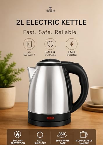 Image of Doppio 2L Stainless Steel Electric Kettle for Tea & Coffee | Fast Boiling Multipurpose Hot Water Kettle with Auto Shut-Off & Boil Dry Protection | 360 Swivel Base | Black & Silver