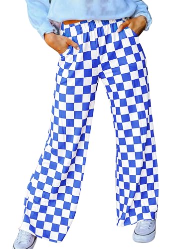 Womens Checkered Pants Y2K Pajama Pants Elastic Waist Wide Leg Lounge Pants Comfy Pj Bottoms with Pockets Loungewear