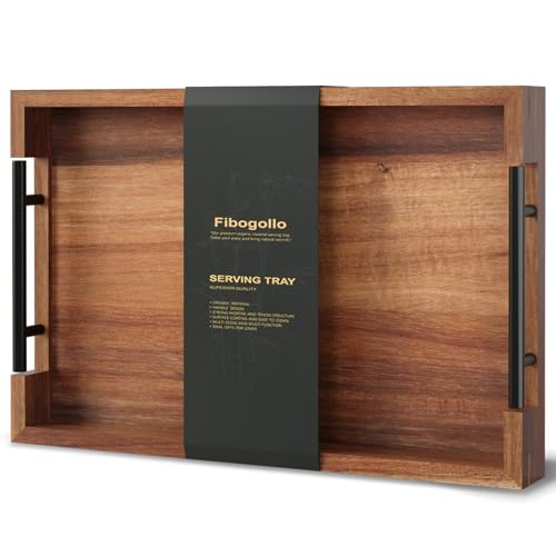 Acacia Wood Serving Tray with Metal Handles