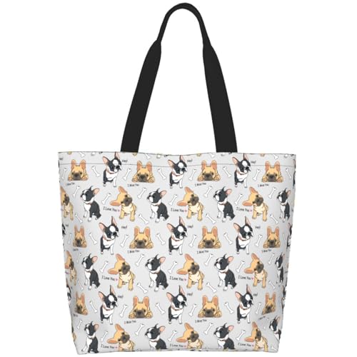 Qwalnely French Bulldog Tote Bag Beach Canvas Travel Bag for Women, Shopping Bag Gifts for Frenchie Lover